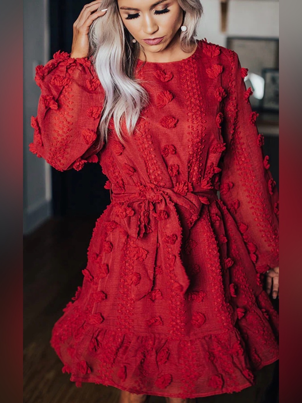 Textured Pom-Pom Mini Dress - Red